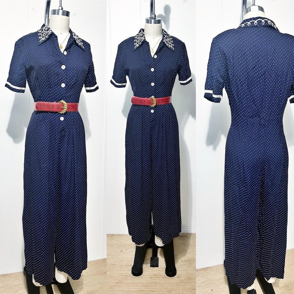 80s Navy Polka Dot Wide Leg Jumpsuit ft. White Swirls